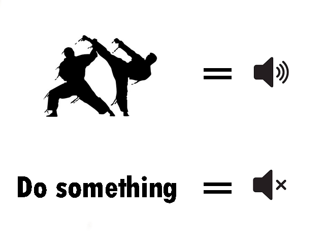 on top are people fighting with a sound on high volume, then below are words followed by a low volume sound icon