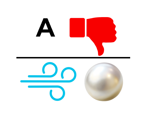 Above is the letter A with a red thumbs down, below is air/wind with a pearl